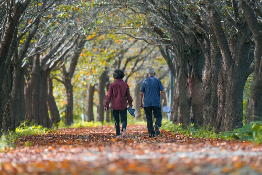 Senior couple walking through the woods. Image by Daejeong Kim